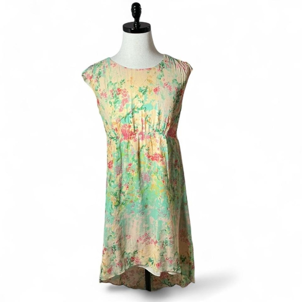 Sundance Floral Silk Watercolor Mini Dress Womens 4 Green Pink Boho High Low Hem